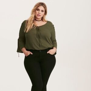 Torrid Lace Up Sleeve Challis Top in Olive 2X